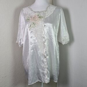 Vintage Natori Satin & Lace Floral Embroidered Kimono Robe Top Sz L Romantic